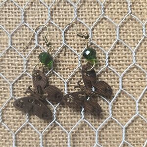 Butterfly Wooden Earrings with Green Beads